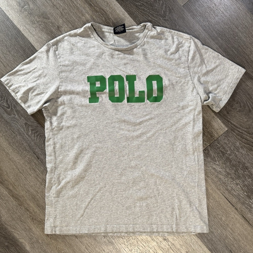 Vintage 90's Polo Ralph Lauren Large Spell Out Green Logo Gray T-Shirt Men's L